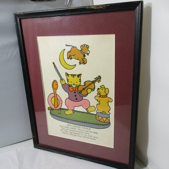 Vintage Framed Child's Nursery Rhyme Picture Print The Cat & the Fiddle - Picture 3 of 6